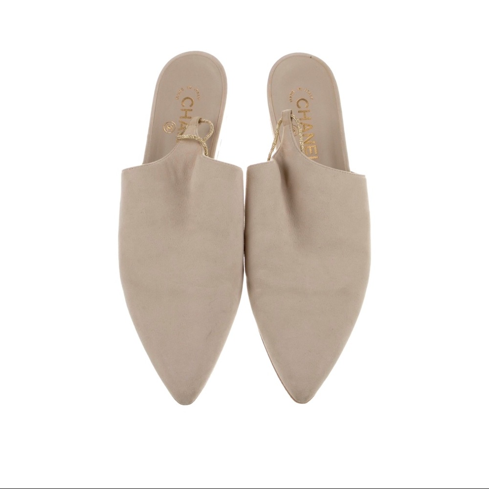 Chanel 2015 Interlocking CC Logo Ankle Tie Suede Mule Beige Colorway 9.5 - Picture 6 of 8